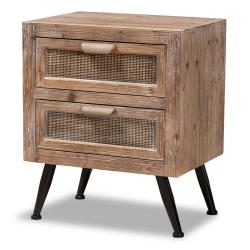 Baxton Studio Calida Mid-Century Modern Whitewashed Natural Brown Finished Wood and Rattan 2-Drawer End Table